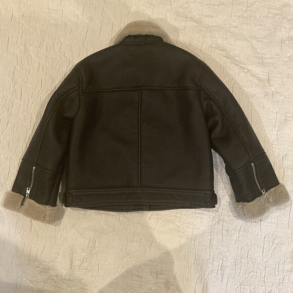 Zara Girls Black Faux Fur Shearling Biker Jacket Zipper Belt Size 8-9 130cm coat - Picture 8 of 16